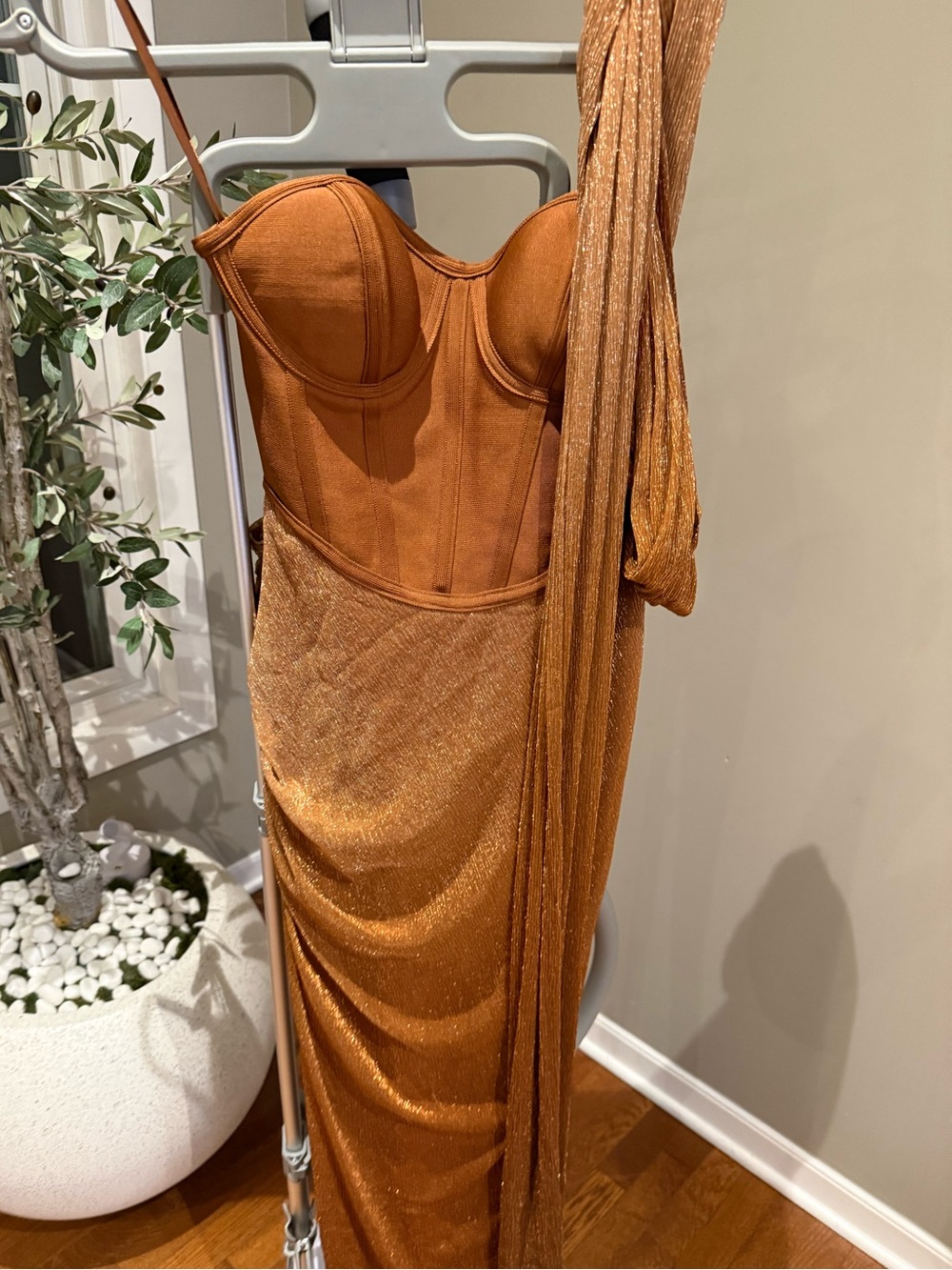 JLUXLABEL One-Shoulder Metallic Copper-Brown Gown - Picture 2 of 9